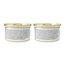 Two wet cat food pate cans, white labels with ingredient text, gold lids