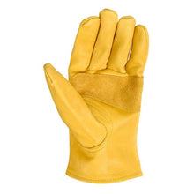 Men's yellow leather work glove with split-finger palm and reinforced seams