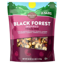 Black Forest inspired trail mix bag with visible nut and berry mix through clear window