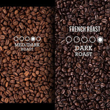 Dark roast whole coffee beans, mixed light and dark brown kernels