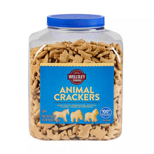 Animal crackers canister with blue resealable lid and Wellsley Farms label