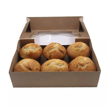 Wellsley Farms banana muffins in open cardboard tray, 6 muffins
