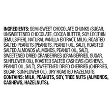 Ingredients list for trail mix in text, including chocolate, peanuts, almonds, cashews