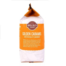 Ground coffee bag with orange-and-white Wellsley Farms branding and caramel flavor text