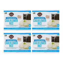 Four Wellsley Farms riced cauliflower steam-in-bag packages, front labels