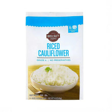 Wellsley Farms riced cauliflower frozen bag with blue trim and bowl photo