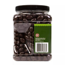 Jar of dark chocolate covered almonds with barcode and side label