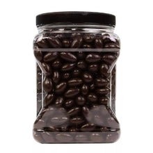 Jar of dark chocolate covered almonds with clear view of glossy chocolate pieces