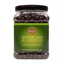 Jar of dark chocolate covered almonds with Wellsley Farms front label