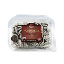 Dark chocolate nonpareils in clear plastic tub with Wellsley Farms front label