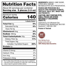 Nutrition Facts label for dried mango, serving size 6 pieces (1.5 oz)