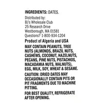 Dried pitted dates label panel with ingredients and allergy caution text