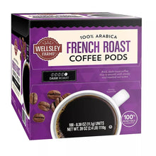 Box of Wellsley Farms French roast coffee pods showing 100-count dark roast