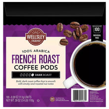 Wellsley Farms French roast coffee pods package side with brewed coffee cup