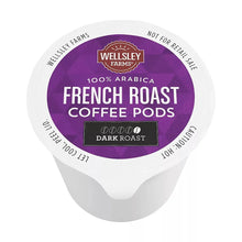 Single coffee pod cup labeled Wellsley Farms French roast, dark roast