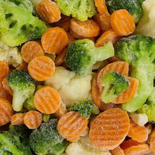 Frozen vegetable blend, close-up of broccoli, carrots, and green vegetables