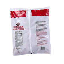 Frozen red and green peppers & onions in Wellsley Farms plastic bag, back label view