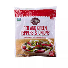 Frozen red and green peppers & onions in Wellsley Farms plastic bag, front view