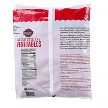 Frozen Asian stir fry vegetable blend back panel with nutrition and cooking instructions
