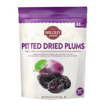 Wellsley Farms pitted dried plums pouch, 44 oz, with plum illustrations and badge