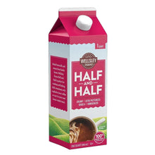Wellsley Farms half-and-half carton, maroon and light blue sides, 1 qt