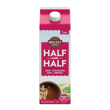 Wellsley Farms half-and-half carton, 1 qt, maroon and light blue front