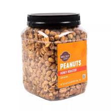 Honey-roasted peanuts container with orange label and black lid