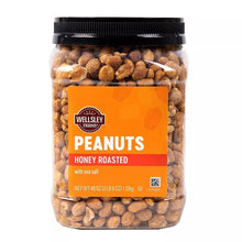 Honey-roasted peanuts container with black lid and orange label