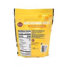Macadamia nuts bag back label with nutrition facts; salted and dry roasted