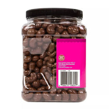Milk chocolate covered cashews jar with barcode label and clear plastic window.