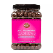 Milk chocolate covered cashews in clear jar with pink label, 44 oz.