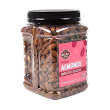 Jar of roasted unsalted whole almonds with front label and black screw lid