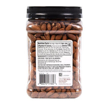 Jar of roasted unsalted whole almonds showing back nutrition label