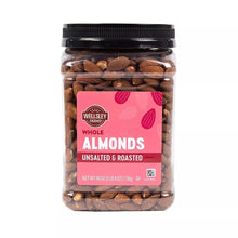 Roasted unsalted whole almonds in plastic jar with black screw lid