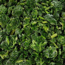 Frozen chopped spinach pieces with green and light green bits.