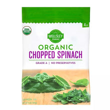 Organic chopped spinach pouch, green label, 4 lb, USDA Organic seal.