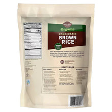 Organic long grain brown rice 5 lb pouch, back with nutrition facts and cooking directions