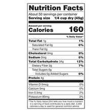 Nutrition Facts label for long grain brown rice, calories 160 per serving