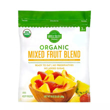 Organic mixed fruit blend pouch with green top and colorful fruit illustration