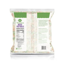 Frozen organic mixed vegetables bag, nutrition facts and barcode on back