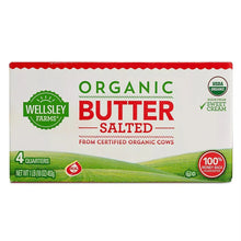 Organic salted butter front carton with green 'Wellsley Farms' logo.