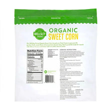 Organic sweet corn frozen vegetable bag back with Nutrition Facts and cooking instructions