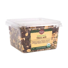 Organic trail mix tub, side view, clear lid over mixed nuts and dried fruit