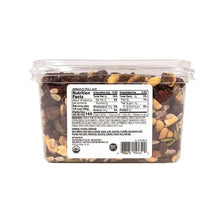 Organic trail mix tub with nutrition facts panel on label and clear lid