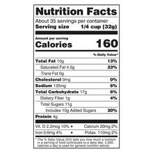 Nutrition Facts label showing 160 calories per 1/4 cup (32 g) serving