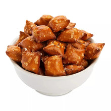 Peanut butter filled pretzels in white bowl