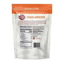 Stand-up bag of dried apricots with nutrition facts panel and resealable closure.