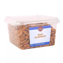 Raw almonds in clear plastic tub with blue Wellsley Farms label