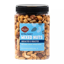Jar of roasted unsalted mixed nuts with cashews, almonds, and pecans