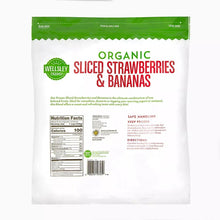 Frozen sliced strawberries and bananas blend bag back with nutrition facts and directions